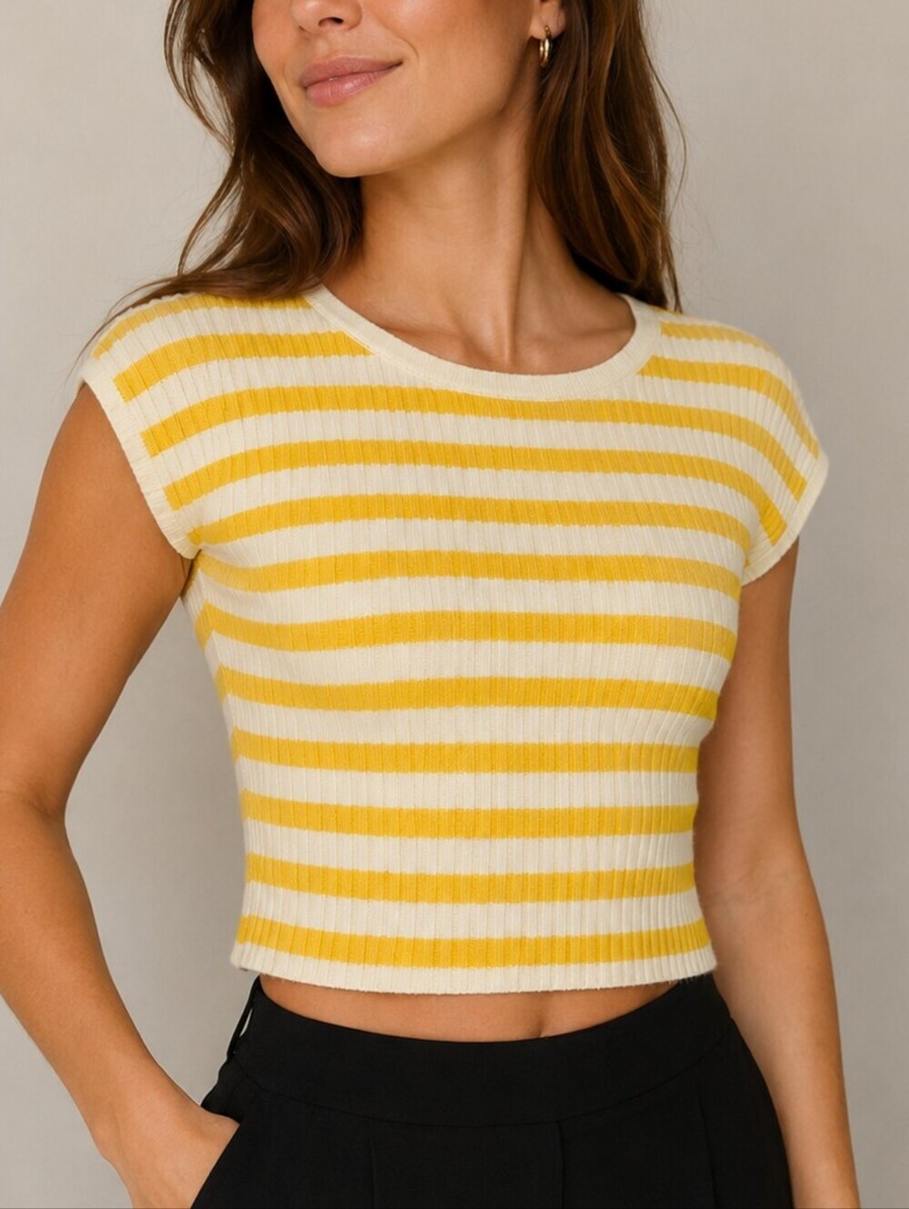 TOPSON DOWNS 1970s Canary Yellow Striped Cropped Baddie Baby Tee